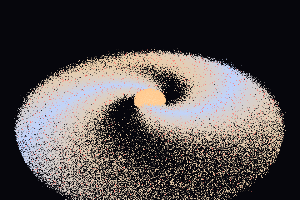 A spiral galaxy of a million colored points on black