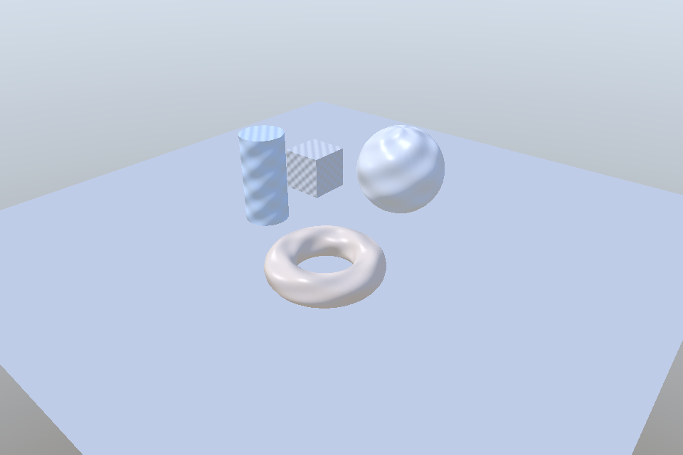 A sphere, torus, column, and cube on a floor lit by eight colored point lights in a ring