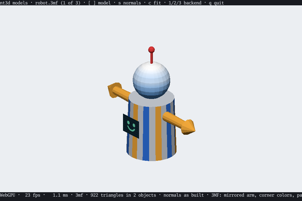 A striped robot with a sky-blue head, orange arms, and a smiling screen